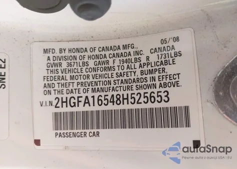 2008 Honda Civic Lx z USA, uszkodzony, nr VIN 2HGFA16548H525653
